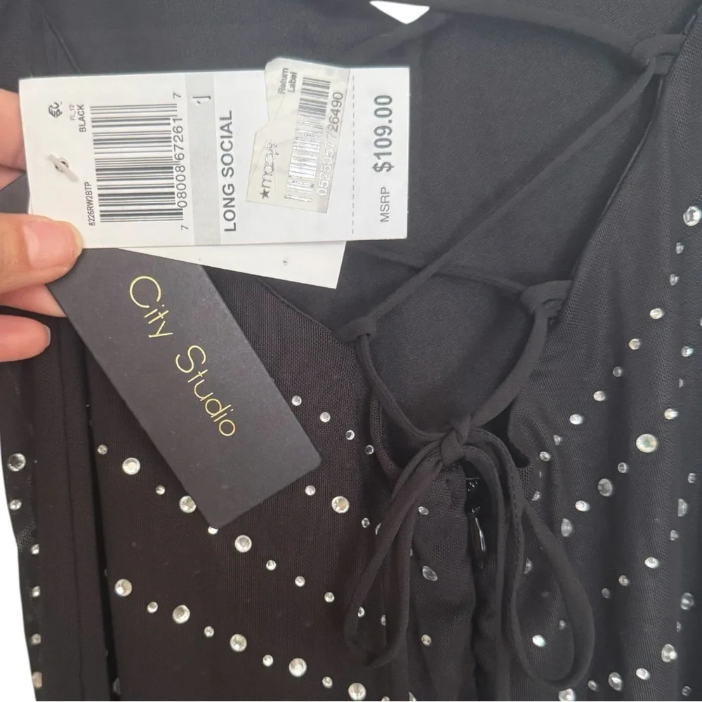 NWT City Studio Black Rhinestone Spaghetti Strap Gown
